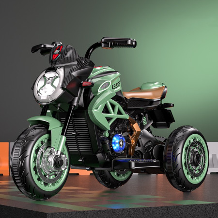 Tricicleta Electrica pentru Copii, Cyrax, cu 2 Acumulatoare 380*2, tip 6V7, Telecomanda, Bluetooth, Sistem Anti-Rasturnare, Sistem de Lumini si Sunet, 6+ Ani, 95 x 58 x 45 cm, Negru Verde