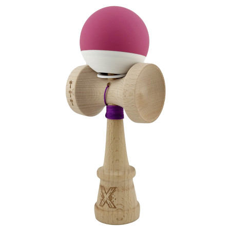Kendama X Originala, Profesionala, Cyrax, Rubber Grip, Cupe Mari KING SIZE V3, Gaura in Baza, Rulment Metalic, din lemn 18 cm, Ata 62/65 cm, Bicolor Roz inchis/Alb