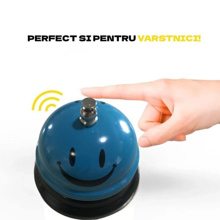 Clopotel Metalic Multifunctional, Cyrax, Albastru Deschis cu Imprimeu Smiley Face, 7.5x7.5x6.5 cm, Receptie, Restaurant
