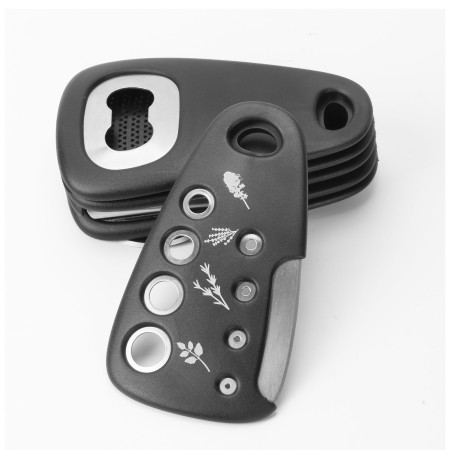 Set 6 in 1 mini ustensile bucatarie Cyrax, taietor pizza, cutit, curatator, razatoare, desfacator, presa usturoi, manere din ABS, lame ascutite din otel inoxidabil, 7.1 x 12.9 x 4.8 cm,  negru