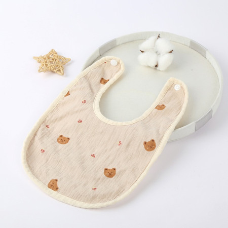 Baveta in Forma de U, Cyrax, din Bumbac, pentru Copii 0-12 Luni, Rezistenta la Apa, cu Capse, Model cu Ursuleti,  21x30 cm, Bej