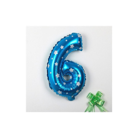Balon din Folie Metalizata Cyrax, Figurina Cifra, Imprimeu Stele, Tema Aniversare 80 cm, Ambalaj Individual, Pai inclus, Umflare cu Aer sau Heliu, Albastru, Cifra 6