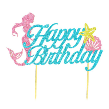 Set Toppere pentru Tort si Prajituri, Cyrax, Tematica Sirena, Model Mare Scris Happy Birthday 16.5x8.2 cm, 6 Toppere Mici Model Marin 5x5 cm, Multicolor