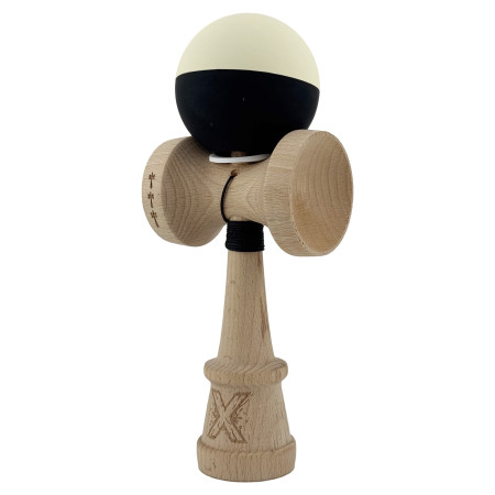 Kendama X Originala, Profesionala, Cyrax, Rubber Grip, Cupe Mari KING SIZE V3, Gaura in Baza, Rulment Metalic, din lemn 18 cm, Ata 62/65 cm, Bicolor Galben/Negru