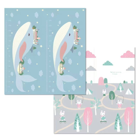 Covoras pentru Copii, Cyrax, cu 2 Fete, Model Balene/Iepurasi, din XPE+PE, Impermeabil, Antiderapant, Protectie Termica, +3 Luni, Pliabil, 150 x 200 x 1.5 cm, Multicolor