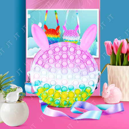 Jucarie antistres din silicon Cyrax, Geanta Pop It, 16 cm, Iepuras, Macarons