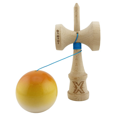 Kendama X Originala, Profesionala, Cyrax, Big Cups V2, Super Sticky cu Cupe Mari, din lemn 18 cm, Rulment Metalic cu Ata 55 cm, Portocaliu/Galben/Alb