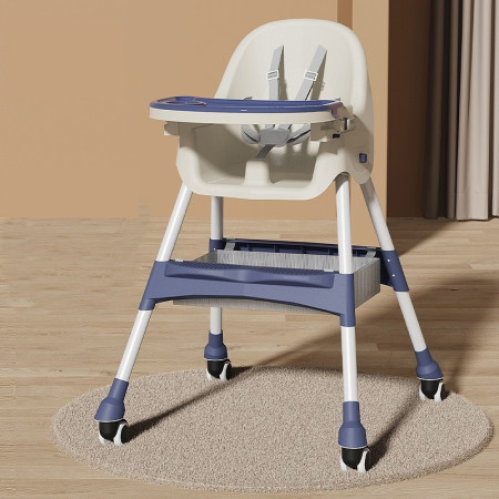 Scaun de Masa pentru Bebelusi si Copii, Cyrax, cu Roti, Telescopic, Pliabil, Masuta Reglabila, Suport Picioare, Scaun cu Invelis Piele Artificiala, Centura Siguranta, Spatiu Depozitare, 97x73x65 cm, Albastru