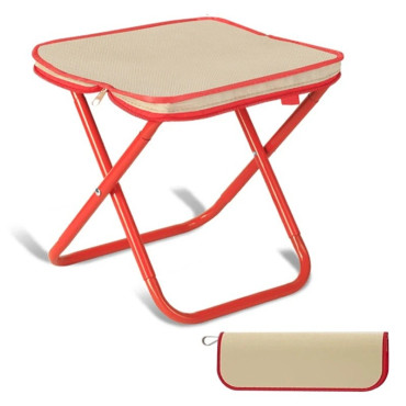 Scaun Pliabil,  pentru Adulti, Portabil, pentru Camping, Pescuit, din Panza Oxford si Cadru Metalic, 24 x 24 x 28 cm, Rosu/Bej