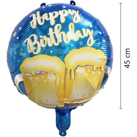 Balon din Folie Metalizata, Cyrax, Mini Figurina Rotunda, Model Halbe de Bere, Happy Birthday, Tematica Aniversare, 45 cm, Ambalaj Individual, Pai Inclus, Umflare cu Aer sau Heliu, Albastru