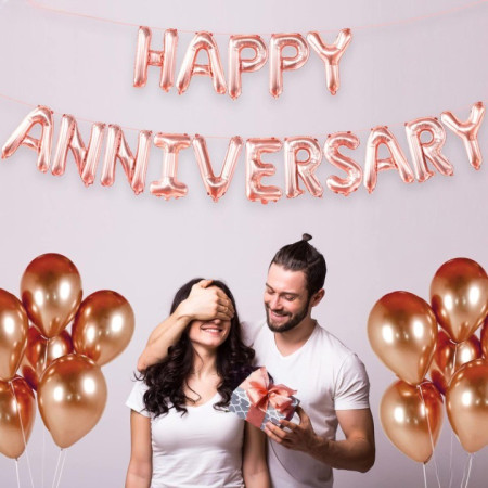 Set Baloane din Folie Metalizata, Cyrax, Model Happy Anniversary, Litere de 40 cm, Baloane Party, Ambalaj Individual, Pai Inclus, Umflare cu Aer sau Heliu, Roz