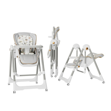 Scaun de Masa 2in1, Cyrax, pentru Copii 6 luni - 4 Ani, Pliabil, cu Roti, Balansoar, Leagan, Reglabil, Tava de Masa Dubla, Centura in 5 Puncte, 96 x 56 x 76 cm, Gri
