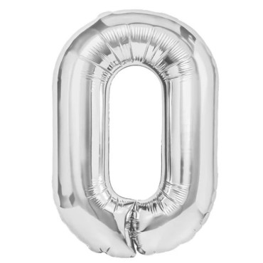 Balon din Folie Metalizata, Cyrax, Figurina Cifra, Tema Aniversare 80 cm, Ambalaj Individual, Pai inclus, Umflare cu Aer sau Heliu, Argintiu, Cifra 0