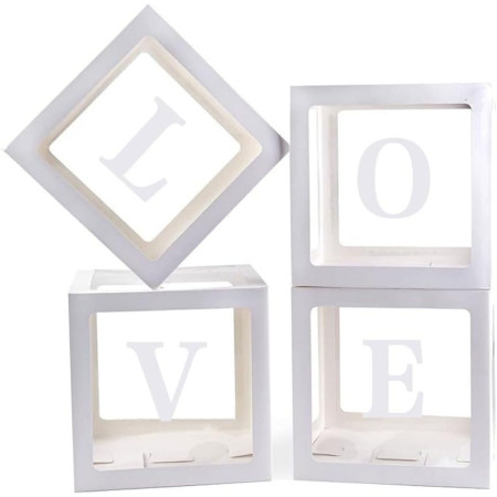 Set 4 Cutii pentru Baloane, Cyrax, Model Scris Love, Tematica Iubire, Cuburi Decorative din Plastic, Accesorii pentru Petrecere, 30 x30 cm, Transparente Contur Alb