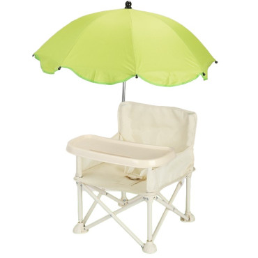 Scaun de Masa pentru Bebelusi si Copii, Cyrax, Tavita si Husa Detasabile, Multifuncțional, Stabil, Centura de Siguranta, Cos de Depozitare, Bej, cu Umbrela Verde, de la 6 Luni