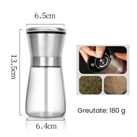 Rasnita Manuala pentru boabe, Cyrax, Rasnita pentru Piper Sare Cafea, din Sticla cu Otel inoxidabil, 13.5 x 6.5 cm, volum 180 ml, Transparenta cu Capac din Inox
