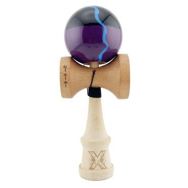 Kendama X Originala, Profesionala, Cyrax, Big Cups V2, Super Sticky cu Cupe Mari, Rulment Metalic, din lemn 18 cm, Ata 55 cm, Negru/Mov