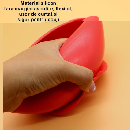 Set 2 piese diversificare bebelusi si copii din silicon Cyrax, bol cu ventuza, lingurita din lemn si silicon, pentru gustari, fara alergeni, rosu