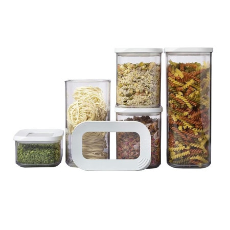 Set 5 Cutii de Depozitare Alimente, Cyrax, Capac Alb, din ABS+Silicon, 23 x 15 x 27 cm, Transparent