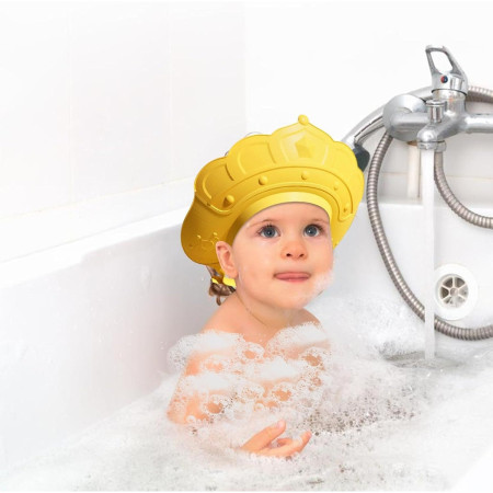 Casca de Dus, Cyrax, Previne Scurgerea Apei si Samponului pe Fata, 0-12 Ani, Ajustabila, din TPE+PP, 20 x 23 cm, Model Coroana, Galben