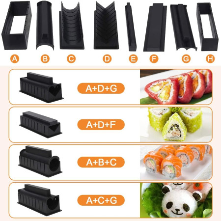 Set ustensile pentru facut sushi Cyrax, 10 piese, forma inima inclus, 3 forme clasice, extensibil, finisaj lucios, material ABS, curatare usoara, negru