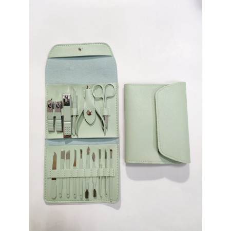 Set 16 Piese de Ingrijire Cosmetica, Cyrax, pentru Manichiura, Pedichiura, Fata, Geanta Organizatoare din Piele Ecologica Inclusa, Verde