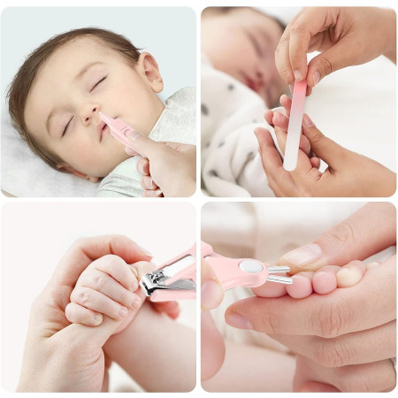 Set 4 Piese Ingrijire Unghii Bebelusi, Cyrax, din ABS+Otel Inoxidabil, Cutie de Depozitare Tip Bufnita, de la 0 Luni, 11.5 x 5 x 11.5 cm, Roz