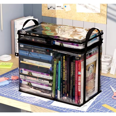 Cutie de Depozitare,  din PVC + Textil, Rezistenta la Apa, Geanta pentru Carti, 23x17x28 cm, Transparent-Negru