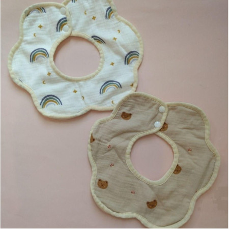 Baveta Tip Floare, Cyrax, din Bumbac, pentru Copii 0-12 Luni, Rezistenta la apa, cu Capse, Model Curcubeu, 26 x 29 cm, Alb