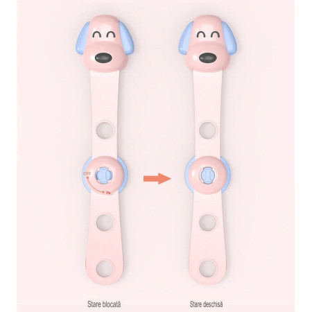 Siguranta pentru Usi Copii,  Sistem de Blocare Sertare, Dulap, Frigider, Adeziv, cu Sistem de Inchidere Dublu, Model Catelus, Roz