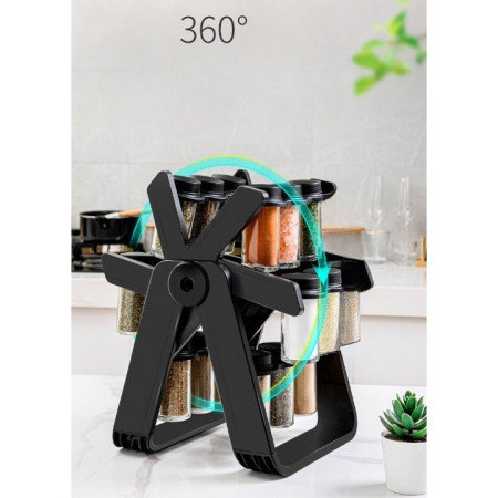 Suport Pentru Condimente Rotativ, Cyrax, Multifunctional, Pivotant 360°, Portabil, Usor de Montat, 34x23 cm, ABS/Sticla, Negru