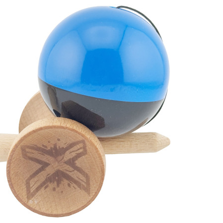 Kendama X Originala, Profesionala, Cyrax, Big Cups V2, Super Sticky cu Cupe Mari, Rulment Metalic, din lemn 18 cm, Ata 55 cm, Albastru/Negru