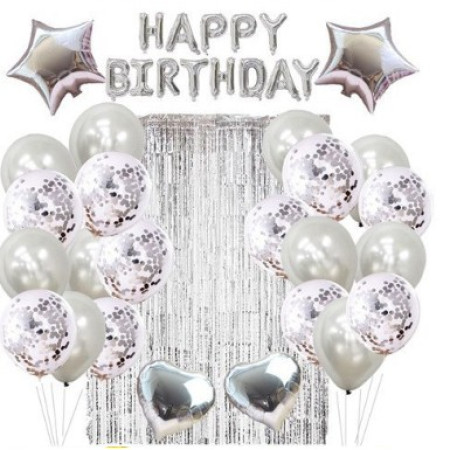 Cyrax Set 24 de baloane folie si latex, 10 baloane latex simple, 10 bloane latex cu paiete, 4 baloane folie, ribon, 1x2 m perdea, Argintiu