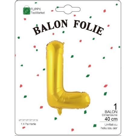 Balon Folie Metalizata Litera L, Cyrax, 40 cm, Umflati cu Heliu sau Aer, Ambalaj Individual, Pai inclus, Auriu