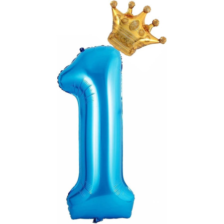 Balon din Folie Metalizata Cyrax, Figurina Cifra si Coroana, Tema Aniversare 100 cm, Ambalaj Individual, Pai inclus, Umflare cu Aer sau Heliu, Albastru, Cifra 1