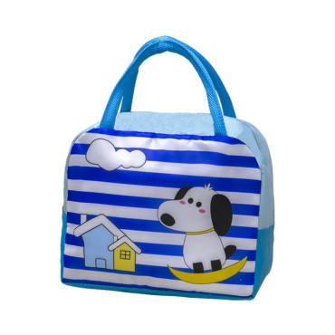 Geanta Termoizolanta pentru Copii, Cyrax, 23x13x19 cm, Model Imprimeu Catel, din Folie de Aluminiu si Panza Oxford, Albastru/Alb