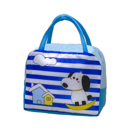 Geanta Termoizolanta pentru Copii, Cyrax, 23x13x19 cm, Model Imprimeu Catel, din Folie de Aluminiu si Panza Oxford, Albastru/Alb