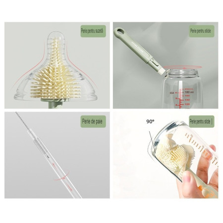 Set 7 Piese de Spalat/Uscat Biberoane, Cyrax, Portabil, Peri de Silicon, pentru Tetine, Suzete, Biberoane, Paie, Cutie Inclusa, 20 x 9.5 cm, Portocaliu