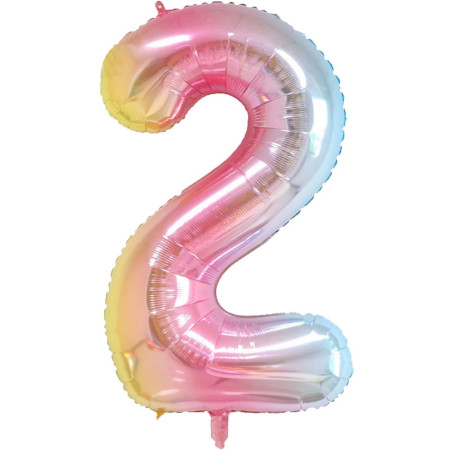 Balon din Folie Metalizata Gradient Cyrax, Figurina Cifra, Tema Aniversare 100 cm, Ambalaj Individual, Pai inclus, Umflare cu Aer sau Heliu, Multicolor, Cifra 2