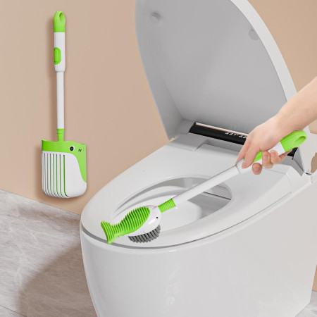 Perie de Toaleta,  cu Suport de Perete, Recipient Detergent, 2 Tipuri de Perii, Model Balena, Verde