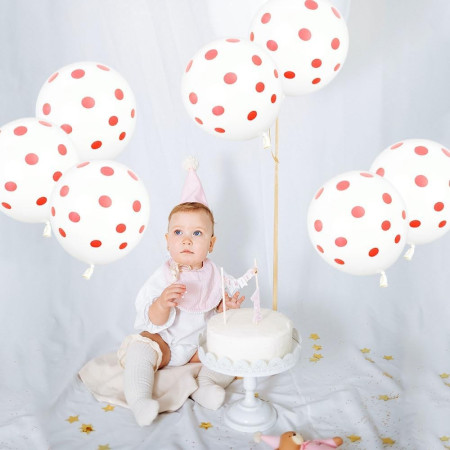 Set 10 Baloane din Latex, Cyrax, Model Party cu Buline, 30 cm, Alb si Rosu, 2.8 g