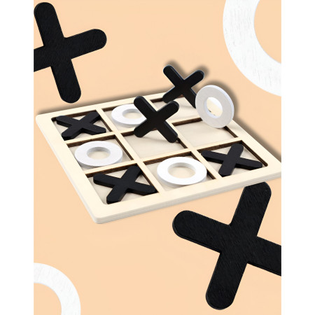 Jucarie Montessori Tic Tac Toe, Cyrax, Educativa, Interactiva, din lemn, X si O, 9 Piese, 14.3x14.3 cm, Negru Alb