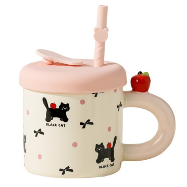 Cana din Ceramica cu Capac si Pai, Cyrax, Capacul si Paiul din Silicon Roz, 9x8.5 cm, Model Cute C, Capacitate 380ml