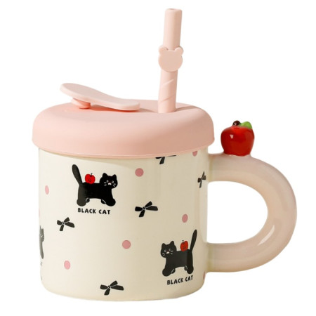 Cana din Ceramica cu Capac si Pai, Cyrax, Capacul si Paiul din Silicon Roz, 9x8.5 cm, Model Cute C, Capacitate 380ml