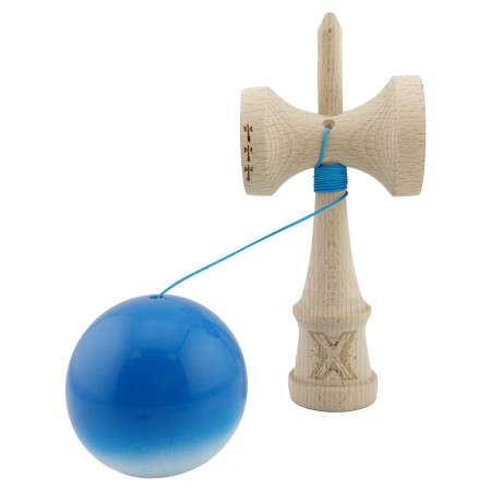 Kendama X Originala, Profesionala, Cyrax, Big Cups V2, Super Sticky cu Cupe Mari, din lemn 18 cm, Rulment Metalic cu Ata 55 cm, Albastru/Alb