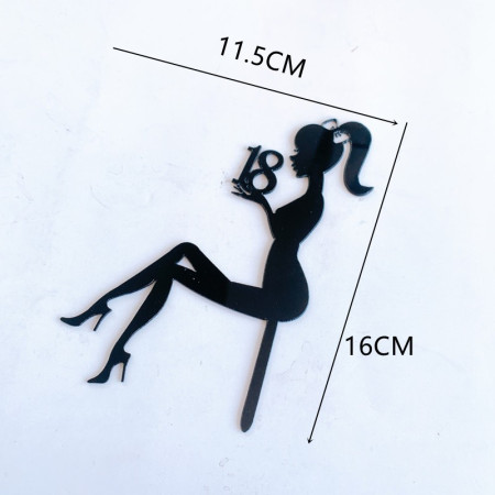 Decoratiune Topper pentru Tort, Cyrax, Model Fata 18 Ani, Dimensiuni 16x11.5 cm, Tematica Majorat, Negru