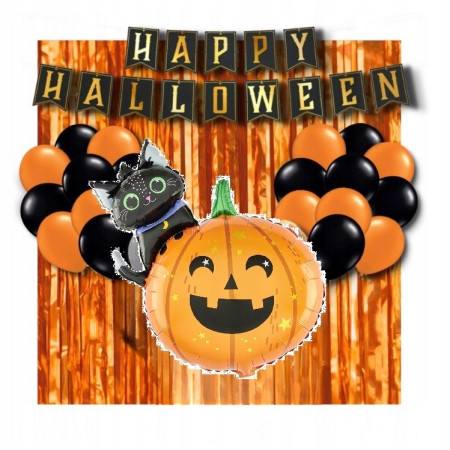 Set 5 Baloane din Folie Metalizata, Cyrax, Figurine, Tema Halloween, Pai Inclus, Ambalaj Individual, Umflare cu Aer sau Heliu, Figurina Dovleac si Pisica 84x69 cm, Stelute si Cerculete 45 cm, Multicolor