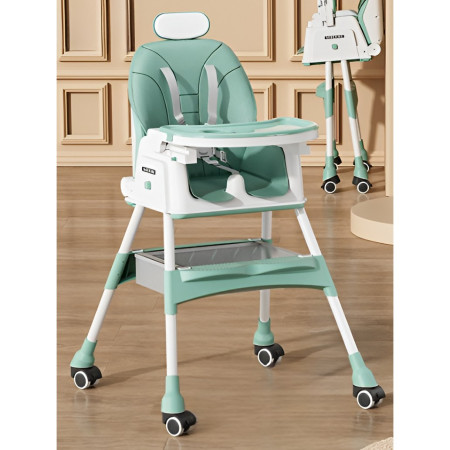 Scaun de Masa pentru Bebelusi si Copii Cyrax, cu Roti, cu Tetiera, Telescopic, Pliabil, Masuta Reglabila, Suport Picioare, Scaun cu Invelis Piele Artificiala, Centura Siguranta, Spatiu Depozitare, 97 x 73 x 65 cm, Albastru