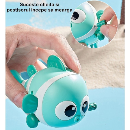 Jucarie mecanica pentru copii Cyrax, pestisor haios, cu cheita, distractiv, se taraste, se misca, 11 x 9 x 7.5 cm cm, verde