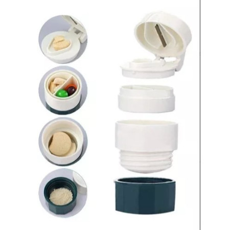 Cutie Pastile Multifunctionala,  4 in 1, Pahar Apa, Taiere, Sfaramare, Depozitare, Compact, ABS cu Lama din Inox, Alb/Verde, 8.7x6.2x4.1 cm